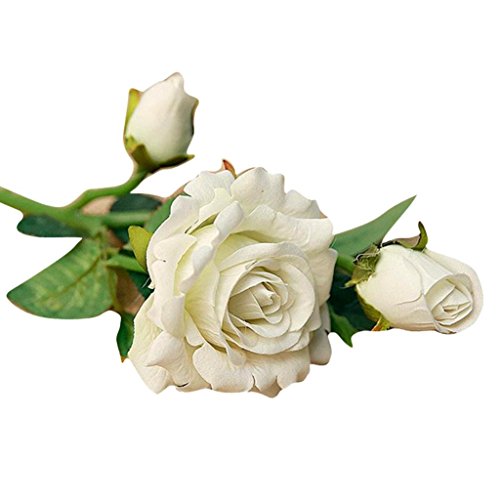 Outtop 5 Pcs 3 Heads 14.5 Inch Rose Artificial Flowers Bouquets Real Touch Fake Flower for Home and Wedding Decoration (White)