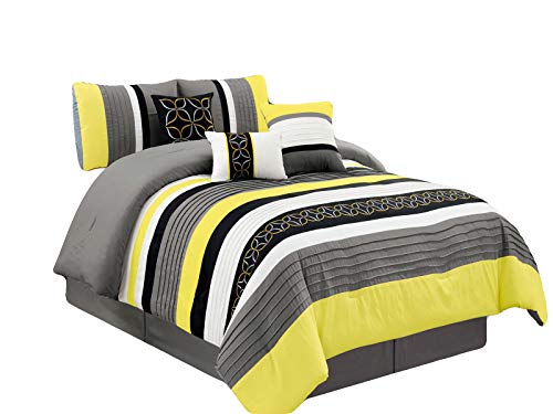 HGS 7-Pc Jaden Medallion Clover Star Embroidery Pleated Striped Comforter Set Yellow Black Gray White Queen