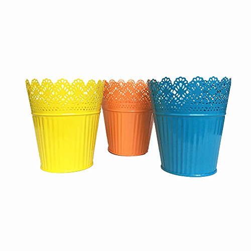 Leoyoubei 6 high Large 3 Pack Artificial Planters/Plant Pot or Make-up Pencil Holder or Candle Holder Metal-Pierced Flower Wedding Vase Home Decor (Yellow,Orange,Blue)