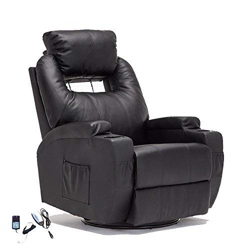 SUNCOO Massage Recliner Bonded Leather Chair Ergonomic Lounge Heated Sofa with Cup Holder 360 Degree Swivel Manual Recliner-Black-11 IN 1