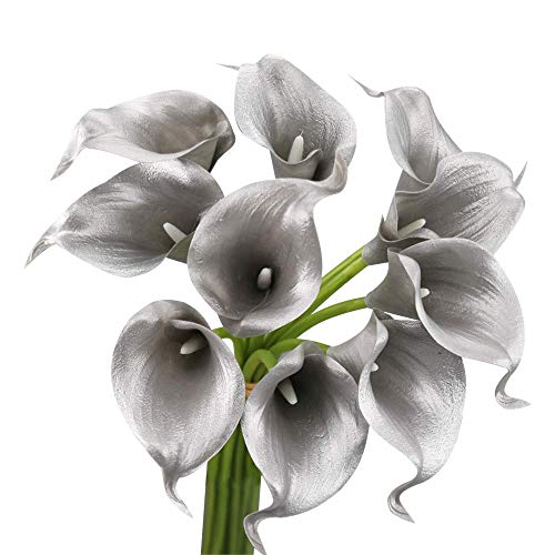 Angel Isabella, LLC 20pc Set of Keepsake Artificial Real Touch Calla Lily with Small Bloom Perfect for Making Bouquet, Boutonniere,Corsage (Metallic Silver Grey)
