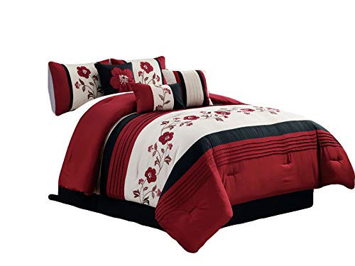 HGS 11-Pc Lavika Floral Blossom Applique Embroidery Pleated Comforter Curtain Set Burgundy Red Black Beige Queen
