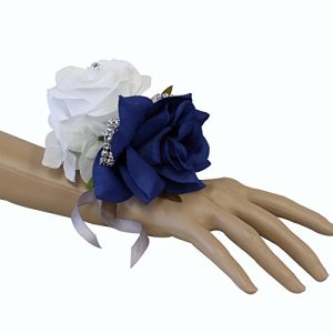 Angel Isabella Wrist Corsage-Beautiful Handmade Wrist Corsage Keepsake Artificial Roses 40+Colors (White/Cobalt Blue)