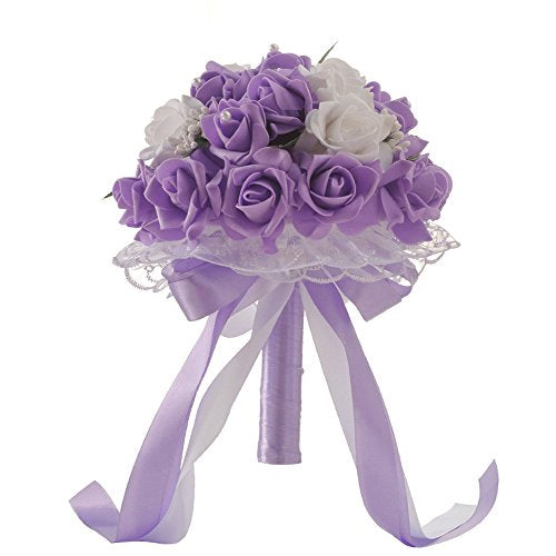 NszzJixo9 Wedding Bouquet - Crystal Rose Pearl Bridesmaid Bride Artificial Silk Flower Bridal Brooch Bouquets, Flowers Diamond Satin Bouquets for Wedding, Engagement Valentine's Day Decor (Purple)
