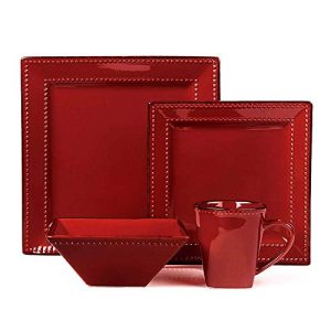 16 Piece Square Beaded Stoneware Dinnerware Set by Lorren Home Trends, Red