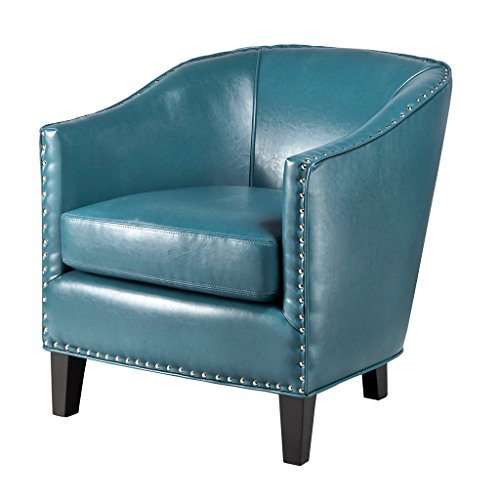 Madison Park Fremont Accent Chairs - Hardwood, Plywood, Faux Leather, Bedroom Lounge Mid Century Modern Deep Seating, Club Style Barrel Armchair, Living Room Furniture, Blue