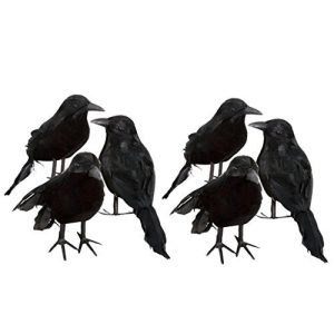 6pcs Real Touch Black Feathered Small Crows Birds Ravens for Halloween Decor