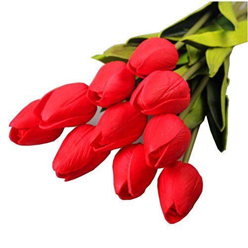Allywit Tulip Artificial Flower Latex Real Touch Bridal Wedding Bouquet Home Decor,10pcs (Red)