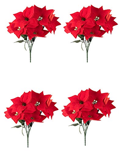 Juvale Red Poinsettia Christmas Decorations - 4-Pack Decorative Flowers with Stem, Artificial Plant and Christmas Tree Ornament for Home Office Decoration
