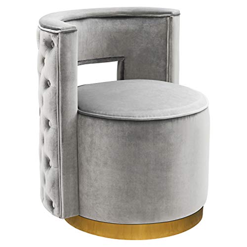 Swivel Accent Chair, Modern Upholstered Barrel Chair Vanity Stool for Bedroom Living Room with Gold Base Silvery Grey