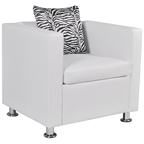 Festnight Leather Cube Armchair Single Sofa Chair with Thick Cushion and Pillow Armrest Tub Barrel Club Seat Chair Living Room Home Office Reception (White)