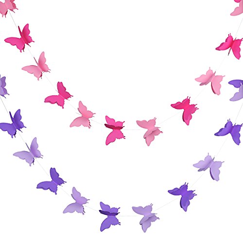 Blulu 2 Pieces 3D Paper Butterfly Banner Hanging Decorative Garland for Wedding, Baby Shower, Birthday and Theme Decor, 118 Inches Long, Pink and Purple
