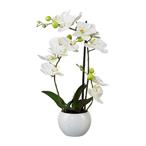 Deutschmade Artificial 3D-Print Flower, 21 Fake White Orchid Phalaenopsis Arrangement Including White Ceramic Vase