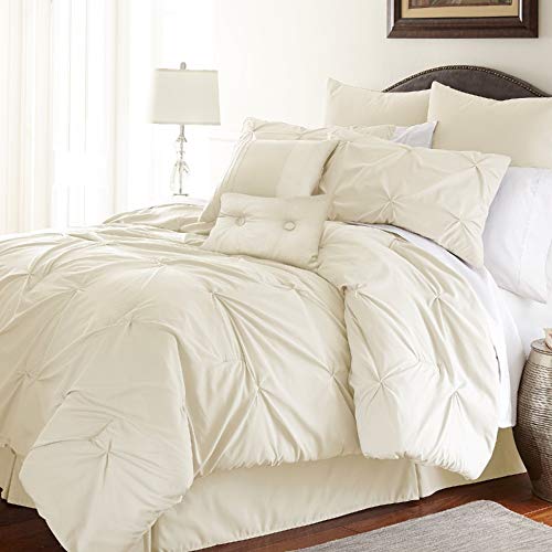 HNU 8 Pieces Pleat Comforter Set King, Solid Color Textured Farmhouse French Country Shabby Chic Cream Bedding Luxurious Soft Brushed Microfiber Cozy Comfy Embellished Pattern