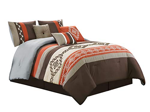 HGS 7-Pc Makawee Southwest Diamond Rectangle Chevron Embroidery Stripe Comforter Set Taupe Rust Brown Beige Queen