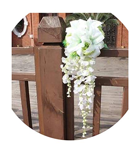 mamamoo White Lily Waterfall Wedding Bouquet Teardrop Romantic Long Bridal Bouquet Bride Roses Artificial Flowers,Picture Color