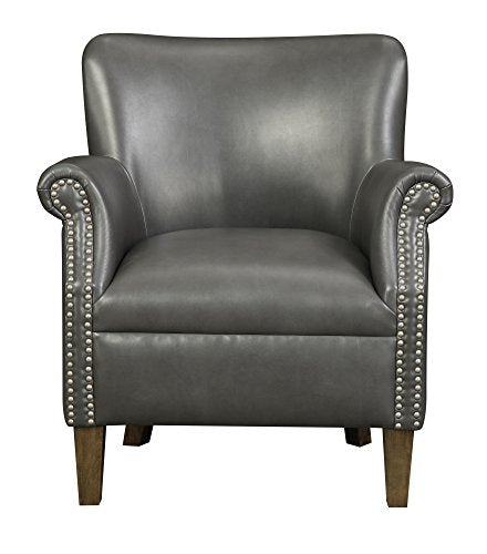 Emerald Home Oscar Gray Accent Chair with Faux Leather Upholstery And Nailhead Trim