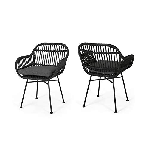 Great Deal Furniture 309283 Rodney Indoor Woven Faux Rattan Chairs with Cushions (Set of 2), Dark Gray Finish