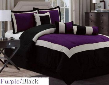 7 Pc Modern Hampton Comforter Set BLACK / PURPLE BED in a BAG - Cal (California) King Size Bedding