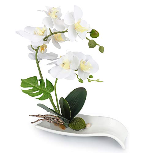 YOBANSA Orchid Bonsai Artificial Flowers with Imitation Porcelain Flower Pots Phalaenopsis Fake Flowers Arrangements for Home Decoration (White)