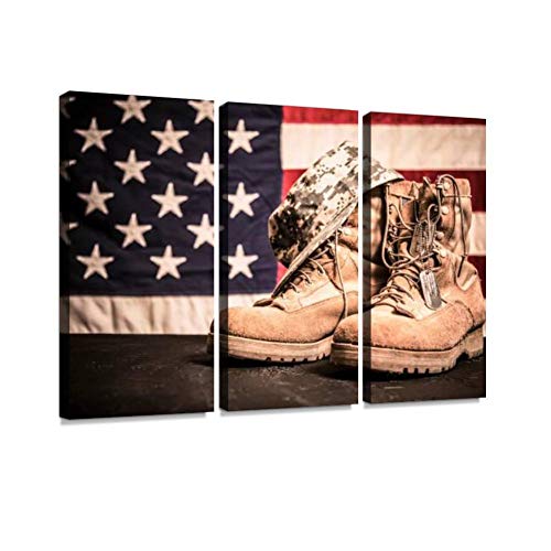 American Veteran's Day Theme with Military Boots, hat, USA Flag. Print On Canvas Wall Artwork Modern Photography Home Decor Unique Pattern Stretched and Framed 3 Piece