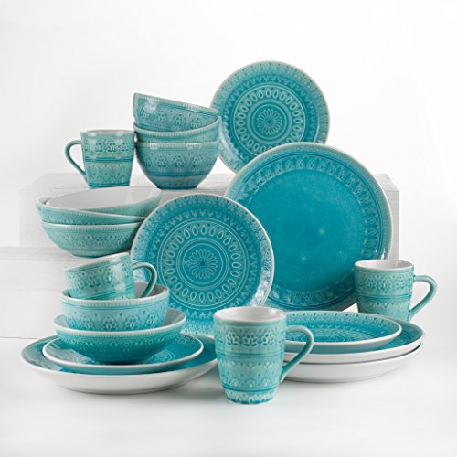 Euro Ceramica Fez Collection 20 Piece Ceramic Reactive Crackleglaze Dinnerware Set, Service for 4, Teardrop Mandala Design, Turquoise