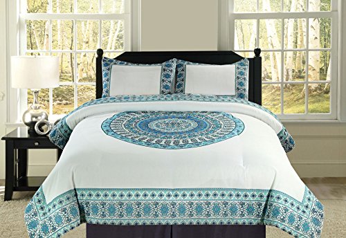 Oversized Boho Mandala Blue and Teal Bedding Comforter 3 Pc. Set Full/Queen, Cotton Fabric