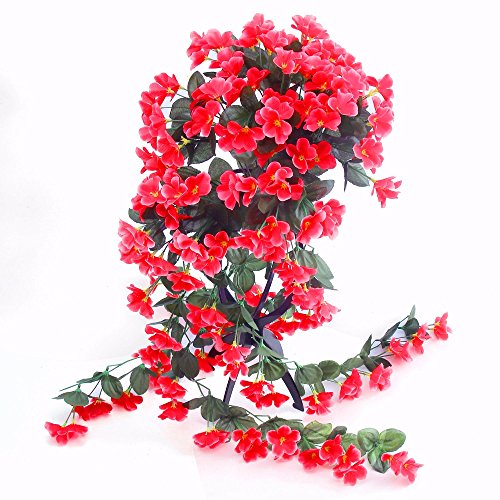 Artificial Violet Flower Wall Wisteria Basket Hanging Garland Vine Flowers Fake Silk Orchid Simulation Rattan Plant Vine Wedding Home Mounted Garden Balcony Wall Traling Floral Decoration (Red)