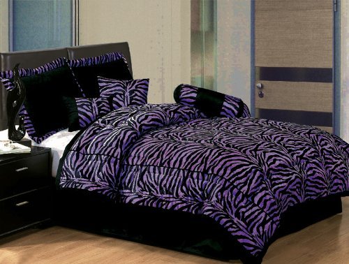 Twin Bedding Soft Micro Suede and Short Fur Comforter Set Black / Purple Zebra Bed-in-a-bag