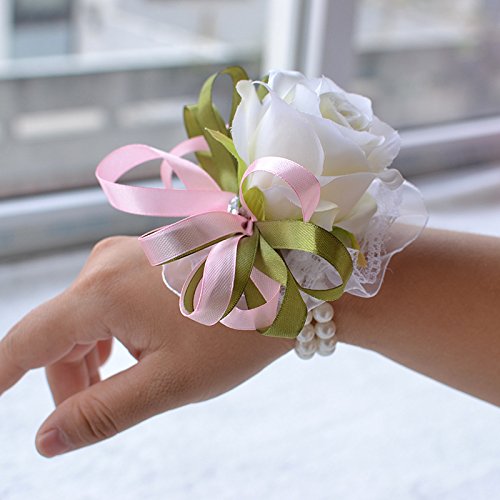 Abbie Home Girls Wrist Corsage Party Prom Wedding Bridesmaid Rose Bracelet Flower(White)
