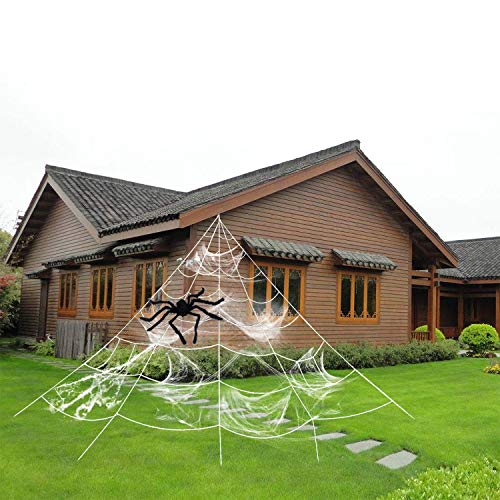 HYRIXDIRECT Outdoor Halloween Decorations Halloween Spider Decoration Triangular Mega Spider Web with Stretch Cobweb Set Party Yard Decor (with Black Spider 31.4 in)