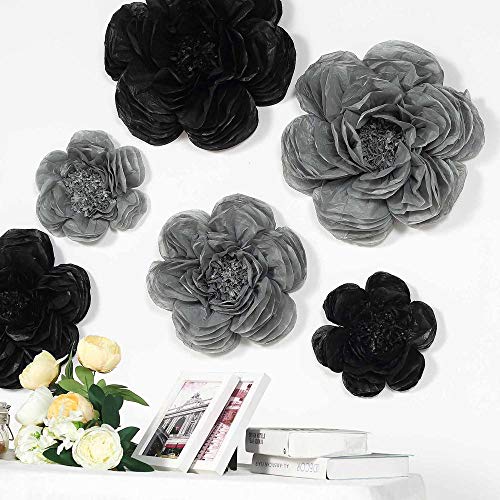 Tableclothsfactory 6 Pack Black & Charcoal Grey Assorted Size Giant Paper Peony Flowers Decor for Centerpieces - 12 | 16 | 20