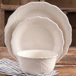 The Pioneer Woman Cowgirl Lace Red 12-Piece Dinnerware Set, Microwave and Dishwasher Safe (linen)