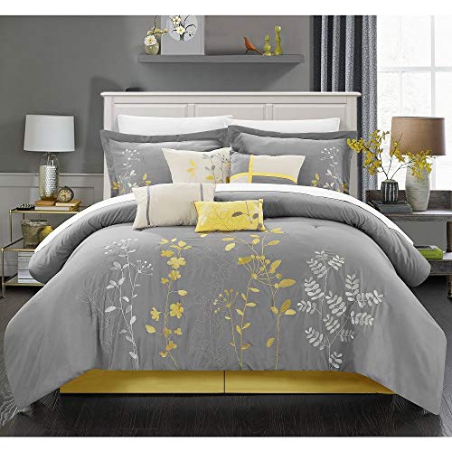 12 Piece Country Light Gray Comforter Set Queen Sophisticated Woven Floral Embroidered Pintuck Comforter Pattern Elegant Trendy Look Soft Warm Shabby Chic Bedding Bedskirt Included