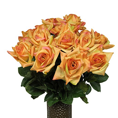 Sunset Orange Diamond Roses Artificial Bouquet, featuring the Stay-In-The-Vase Design(c) Flower Holder (MD1552)