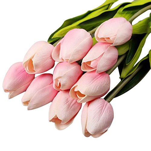 GlobalDeal 10Pcs Home Party Decor Artifical Real Touch Faux Leather Tulips - Pink