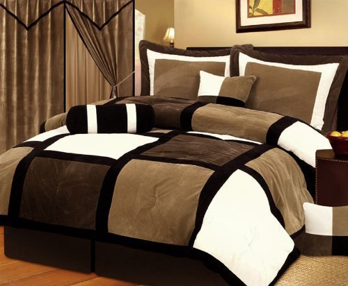 11-Piece Micro Suede Patchwork Comforter Set, Queen, Brown/off white/Black With Matching Curtain Set