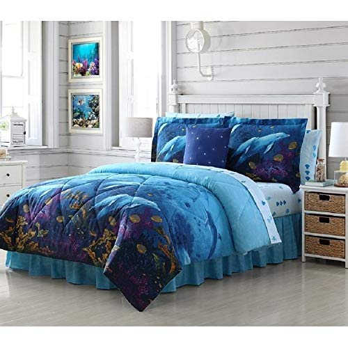 8pc Blue Underwater Bed in a Bag King Comforter Set,Dolphin King Bedding Comforter Set,Ocean Cove Sea Animal Fishes Purple Sea Plant Nautical 3D Coral Reef Star Fish Sea Shell Sea Life Beach