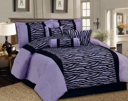 California Cal King 7 Piece Bedding Soft Short Fur Comforter Set Black / Purple Zebra Bed-in-a-bag