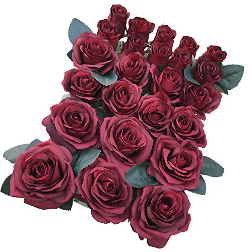 DALAMODA Artificial Silk Flowers Rose Heads DIY for Wedding Bridesmaid Bridal Bouquets Bridegroom Groom Men's Boutonniere and Corsage,Shower Party Home Decorations 24pcs(Burgundy)