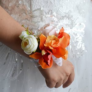 Abbie Home Prom Wrist Corsage Lily Peony Hand Flower Wrist Band for Party Wedding (Orange)