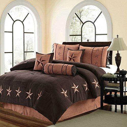 EMPIRE 7 Piece Brown/Taupe Texas Star Oversized Embroidered Cotton Touch Comforter Set (King Size)