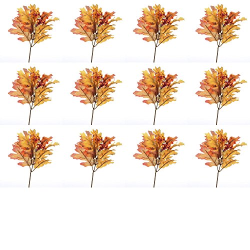 Factory Direct Craft Fall Artificial Silk Oak Leaf Picks with Autumn Berry Cluster Accent - 12 Picks