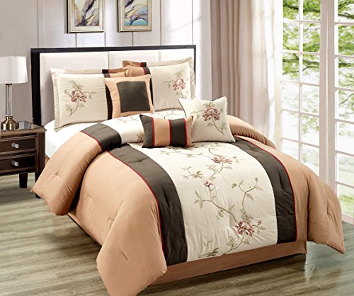 7 Piece King Size Patchwork Comforter Set, Chocolate Brown, Camel, Burgundy Bedding