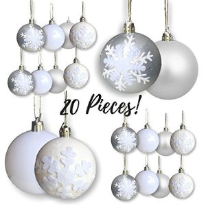 BANBERRY DESIGNS Snowflake Ball Ornaments - Set of 20 Silver and White Glittered Ball Ornaments with White Snowflake Design - Shatterproof Christmas Ball Ornament Set