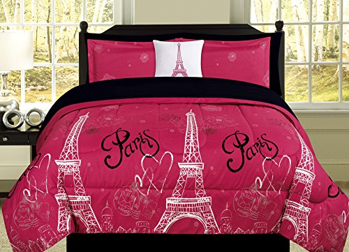 Full Paris Comforter Pink Black White Eiffel Tower Bedding and Sheet 8 Piece Bed in a Bag Set