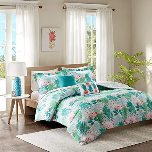 Island Living Hawaiian Tropical Jungle Leaves Pineapple Paradise Beach House Twin Comforter Set (4 Piece Bedding)