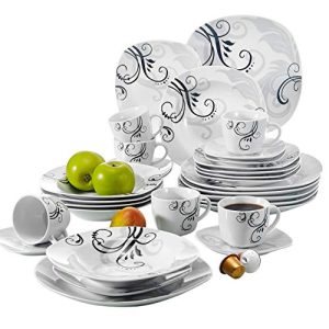 VEWEET 30-Piece Porcelain Square Dinnerware Set Decal Patterns White Plate and Bowl set with Dinner Plate, Soup Plate, Dessert Plate, Saucer and Mug, Service for 6 (ZOEY Series)