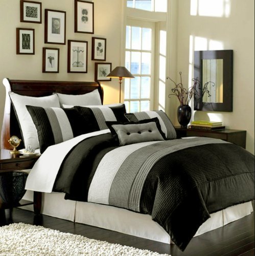 8 Pieces Black White Grey Luxury Stripe Comforter (90x92) Bed-in-a-bag Set Queen Size Bedding