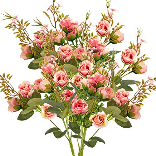 ANPHSIN 5 Branch 10 Heads Artificial Fake Flowers- Silk Plastic Vintage Rose Floral Wedding Bridal Bouquet for Home Kitchen Room Garden Party Decor (Pack of 4- Pink)